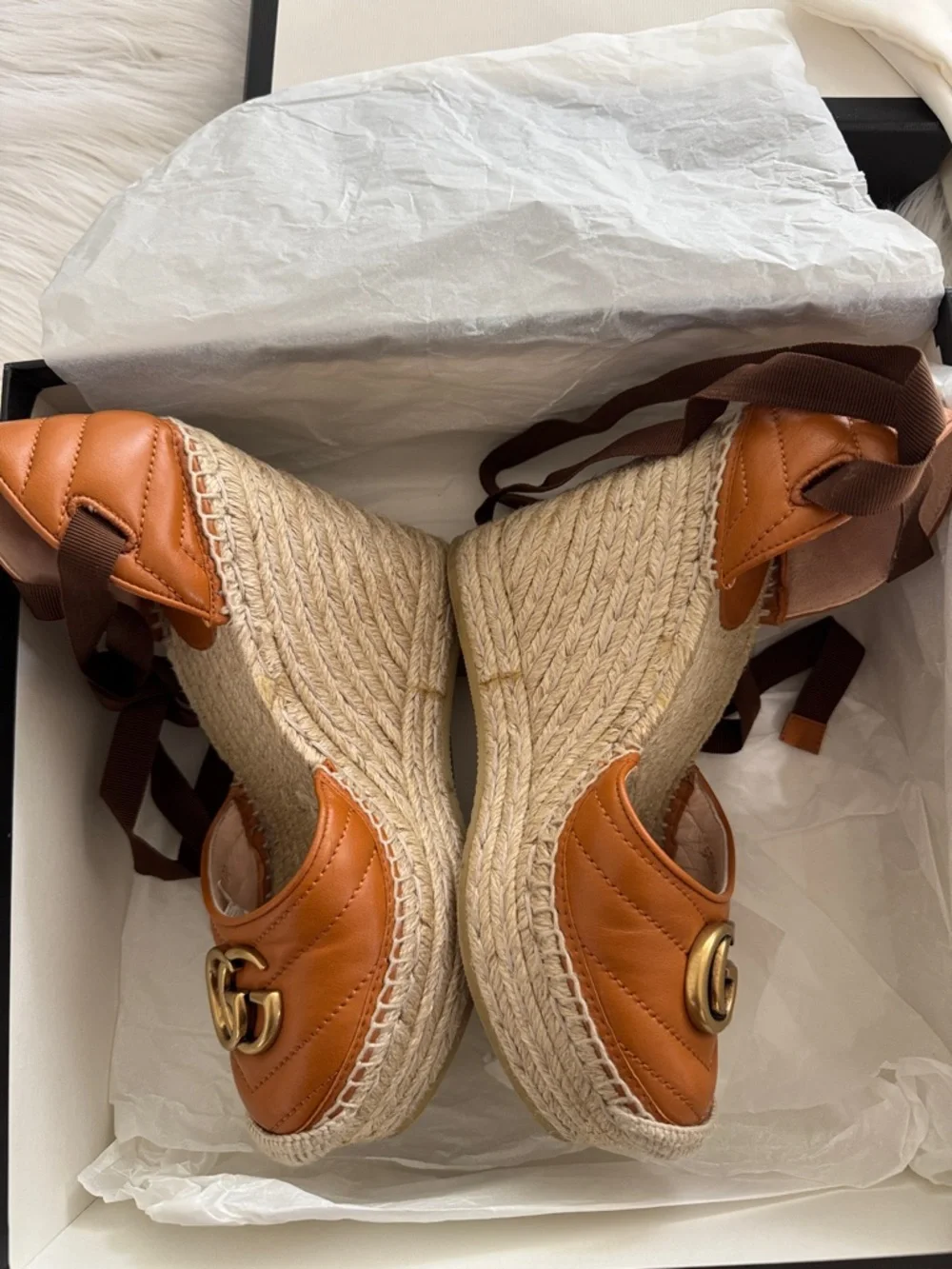 ✨ Gucci Marmont Espadrille Platform Sandals – Cognac Leather (Size 36) ✨